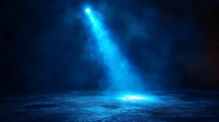 A vibrant spotlight pierces through atmospheric fog, creating a dramatic and mystical scene.
