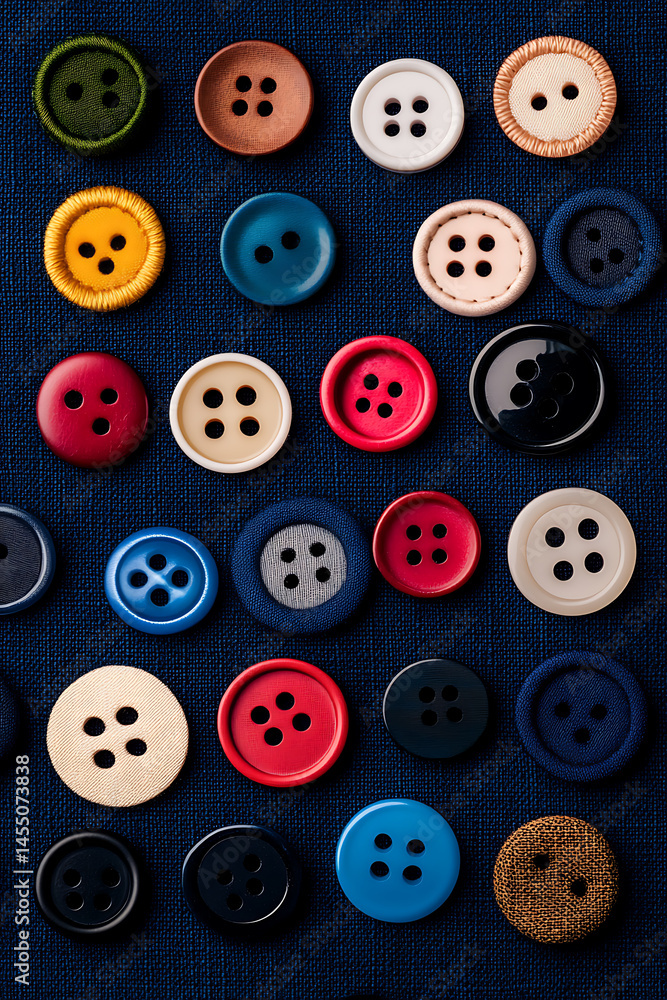 Poster collection of assorted buttons on fabric. a diverse palette of shapes, sizes, and materials create a