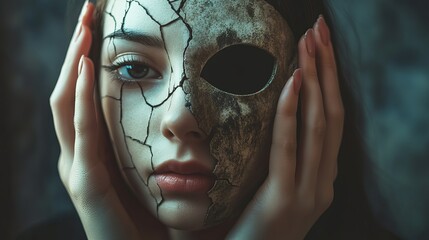 Mysterious woman with cracked mask dramatic portrait photography art old sad face dark eyes girl