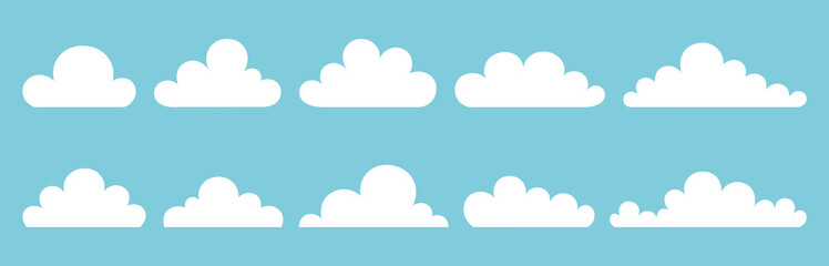 Set of simple cartoon clouds on blue sky background. Cute white puffy cloud elements. Nature theme. Vector illustration in flat style.	
