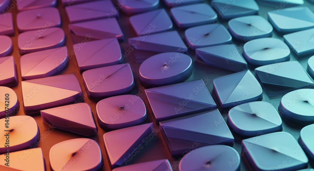 Poster geometric shapes with rounded edges arranged in a grid pattern with blue and purple lighting