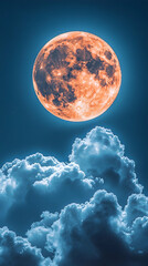 A large orange-hued full moon hangs in a twilight sky above a sea of fluffy blue-toned clouds The scene evokes a sens
