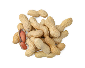 Pile of fresh peanuts isolated on white, top view