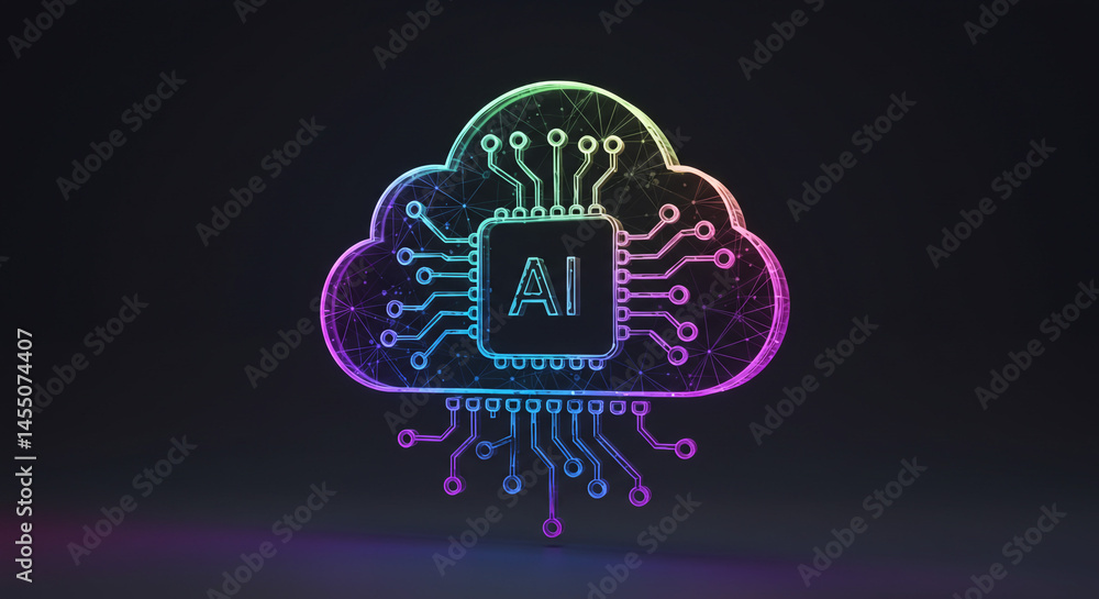 Poster a colorful ai cloud with circuit board design on a dark background with a slight reflection