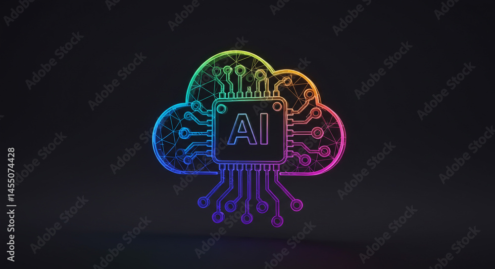 Poster a colorful ai chip in a cloud outline with a dark background representing artificial intelligence