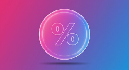 Glowing percentage sign in a circle on a gradient background of pink purple and blue colors