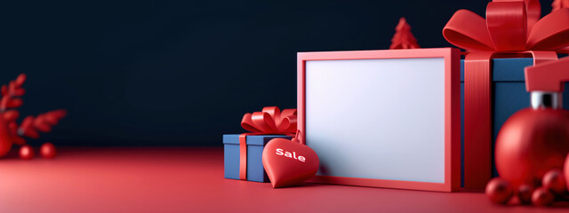 Bold Red Sale Signs Surround a Blank White Banner on a Black Background Creating a Striking Minimalist Shopping Display