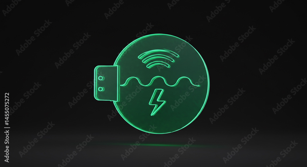 Poster glowing green symbol with wifi waves lightning bolt and connector on a dark background graphic desig