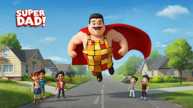 Cartoon Superdad Flying Over Suburban Street on Father's Day