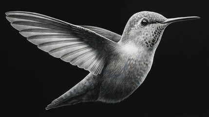 Fototapeta premium A black and white image of a hummingbird with its wings open on a dark background