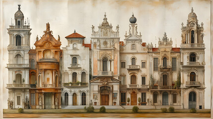 Obraz premium Architectural rendering of a row of ornate buildings with various heights styles and decorative elements including ba
