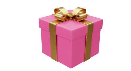 Fototapeta premium A pink gift box with a gold ribbon and bow sitting on a white background in a studio shot