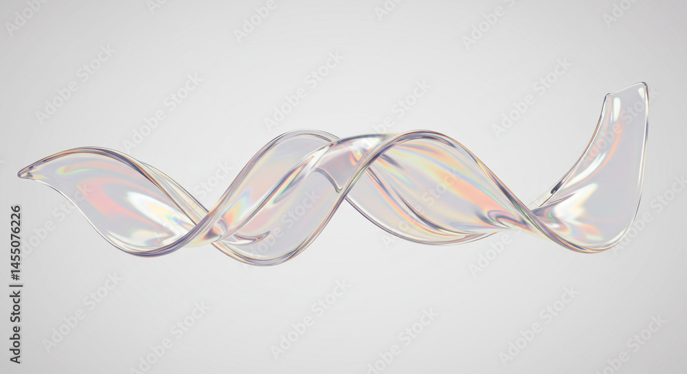 Poster A translucent iridescent ribbon swirling horizontally on a light gray gradient background studio shot