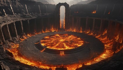 Ancient volcanic arena, fiery central circle, stone walls, arched opening