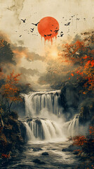 Serene waterfall cascading down rocky cliffs into a tranquil pool, framed by autumnal trees under a large, crimson sun and flock of birds