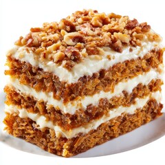 Slice of carrot cake isolated on white background