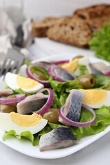 Delicious salad with herring, egg and vegetables on white table, closeup
