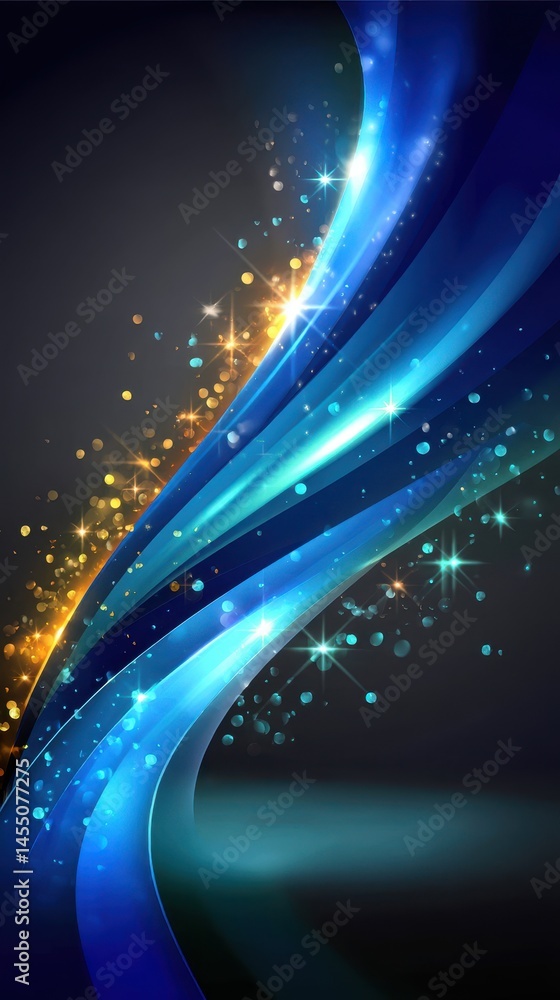 Poster abstract flow of vibrant blue light streams with golden highlights and bokeh elements on dark backgr