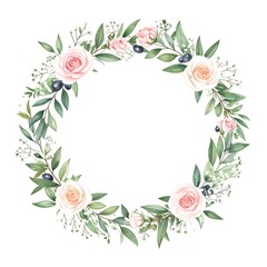 Fototapeta premium Watercolor Floral Wreath: Roses, Greenery, Olives