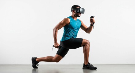 Obraz premium Man with vr headset and controllers doing lunges in athletic gear against a white background studio shot