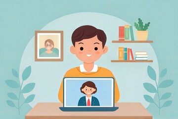A young student engaged in online learning, communicating with a teacher through a video call at home.