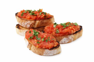 Tasty bread with tomato and parsley isolated on white