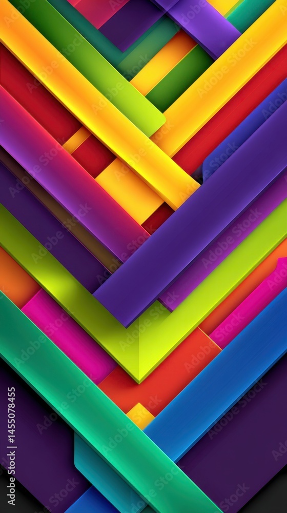Poster abstract background of interlocking colorful diagonal stripes, creating a geometric composition with