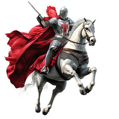 A Cartoon Knight Riding a Horse with Red Cape Isolated on Transparent Background