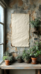 Aged paper hangs on a rustic wall flanked by potted plants  A weathered window and wooden ledge complete the scene