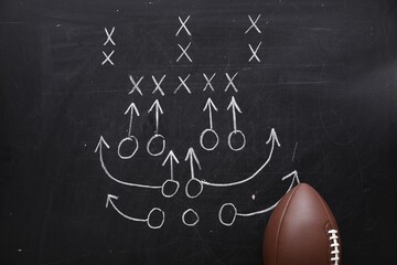 American football ball near chalkboard with scheme of game