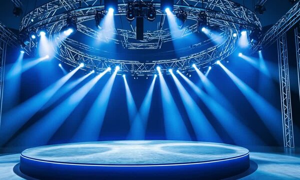 Bright stage with round platform, spotlight beams, and truss structure