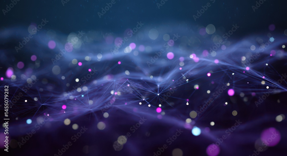 Poster abstract digital background with glowing dots and connections, creating an ethereal landscape for te