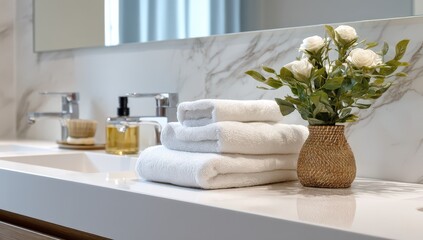 Elegant bathroom with towels and vase on marble countertop.