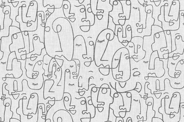 Stylized Line Drawing of Faces in a Repeating Pattern, Modern Graphic Art Illustration for Fabric and Surface Design - wallpaper mural 
