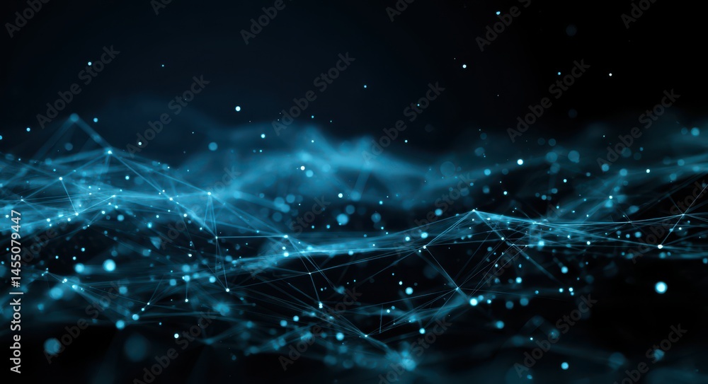 Poster abstract digital background with glowing dots and connections, creating an ethereal landscape for te