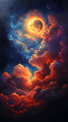 Fiery sunset hues paint the clouds as a large, luminous moon ascends through a dramatic night sky