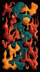Abstract surreal flowing shapes in orange, teal and red tones against a dark background evoke fluidity and organic movement.