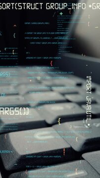 Creative visual of computer programming coding and software development shown by man working on computer keyboard with overlay of computer graphic displaying abstract program codes and computer script