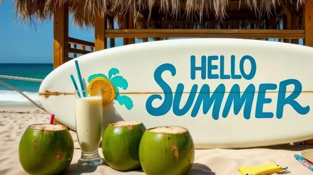 Tropical beach vibes with surfboard with message "'Hello Summer" and fresh coconuts in a relaxed coastal setting