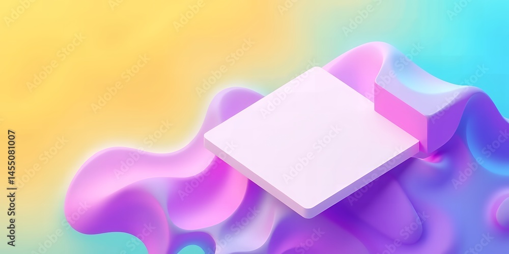 Poster abstract rendering of a white platform on a wavy purple surface with yellow backdrop art