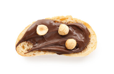 One slice of bread with chocolate spread and hazelnuts isolated on white, top view