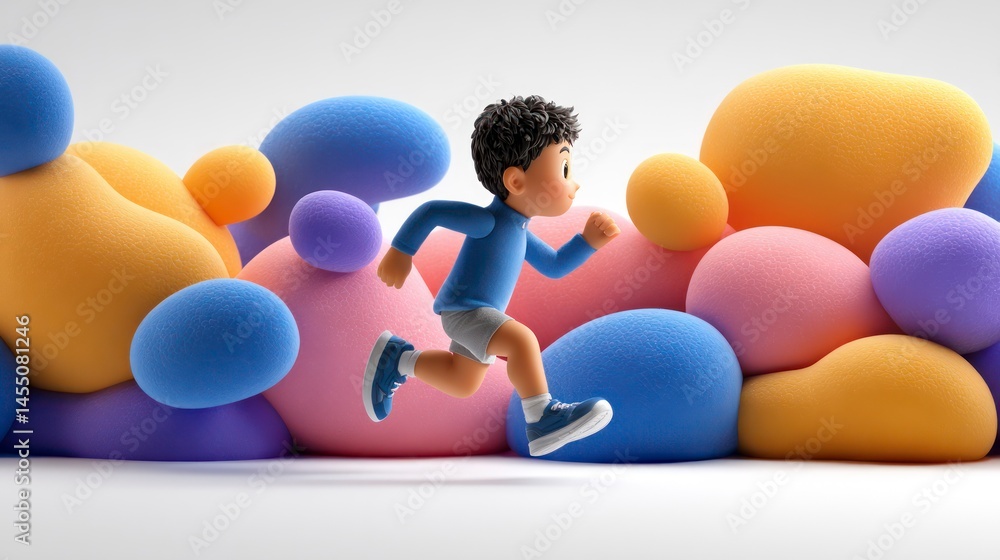Poster a child running through a colorful playful environment filled with oversized spheres