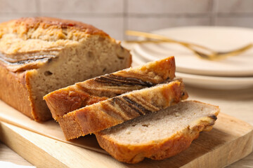 Pieces of banana bread on table, closeup