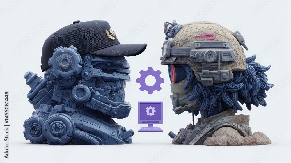 Poster futuristic robot heads with gear and computer symbols ideal for technology and innovation them