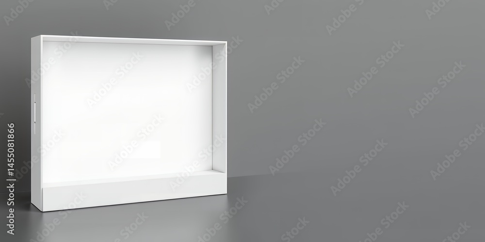 Poster a minimalist shot of a white rectangular box with a gray background in a studio setting