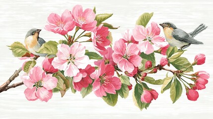 Fototapeta premium Two birds perch atop a blossoming tree, in hues of pink and green