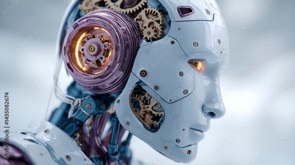 Aufkleber futuristic robot head with intricate mechanical gears and illuminated components perfect for t