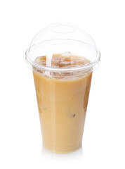 Tasty iced coffee in plastic cup isolated on white