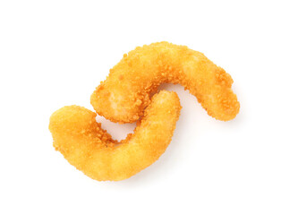 Two tasty tempura shrimps isolated on white, top view