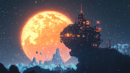 A pixelated space station orbiting a giant glowing gas planet with meteor showers in the background. [Neon Fables] | Pixelated Giants | blocky colossus. Illustration